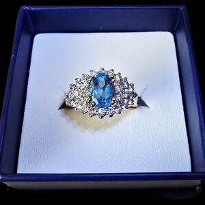Gold Tone Blue Topaz Gemstone Ring - Women Jewelry